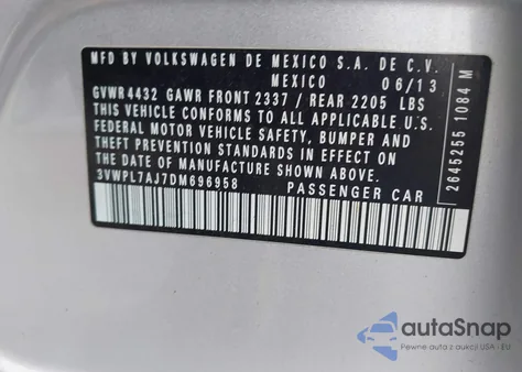 2013 Volkswagen Jetta Sportwagen 2.0L Tdi z USA, uszkodzony, nr VIN 3VWPL7AJ7DM696958